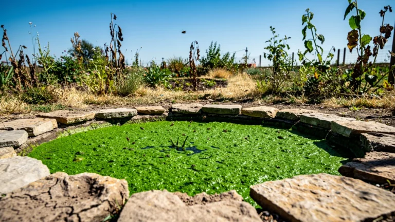 Bassin en plein soleil transformé en soupe verte d’algues en juillet sous la chaleur intense