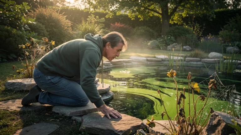 Pond turning green par manque de plantes aquatiques dans un jardin calme au lever du jour