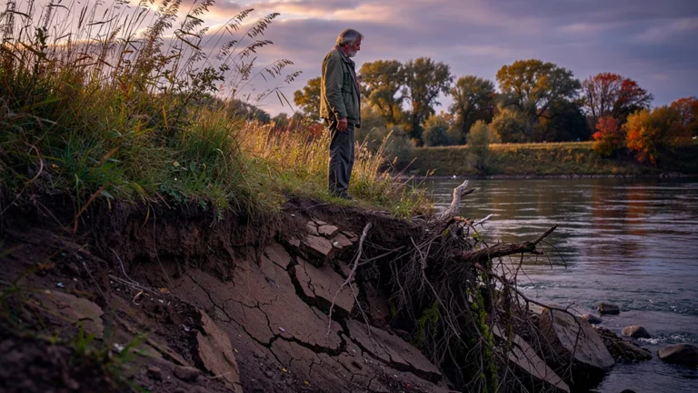 Rivière avec berge qui s'effondre lentement, illustrant l'érosion naturelle et la négligence des berges