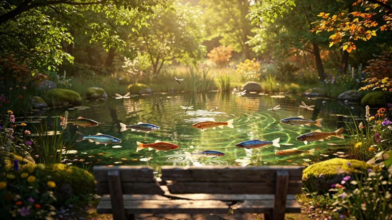 Poissons colorés nageant dans un bassin naturel clair entouré de végétation luxuriante en lumière dorée