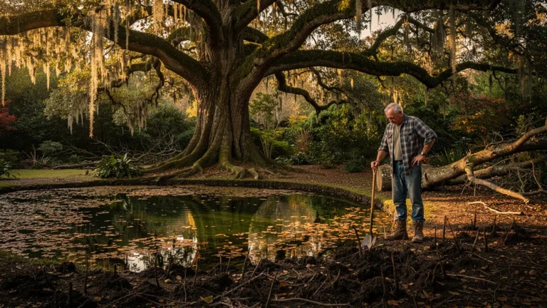 Pond under large trees with scattered leaves, illustrating regret of digging basin beneath towering oaks
