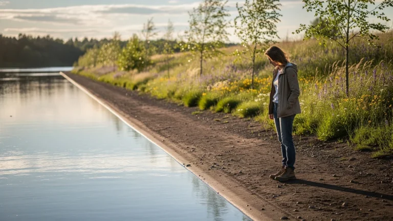 Berge droite sans plantes contrastant avec rive naturelle luxuriante au bord d'une rivière calme