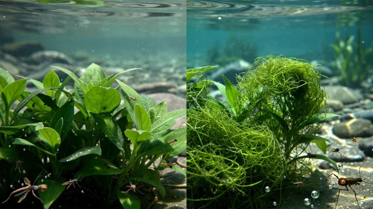 Comparaison réaliste de deux zones de plantes aquatiques avec différentes croissances d’algues en un mois