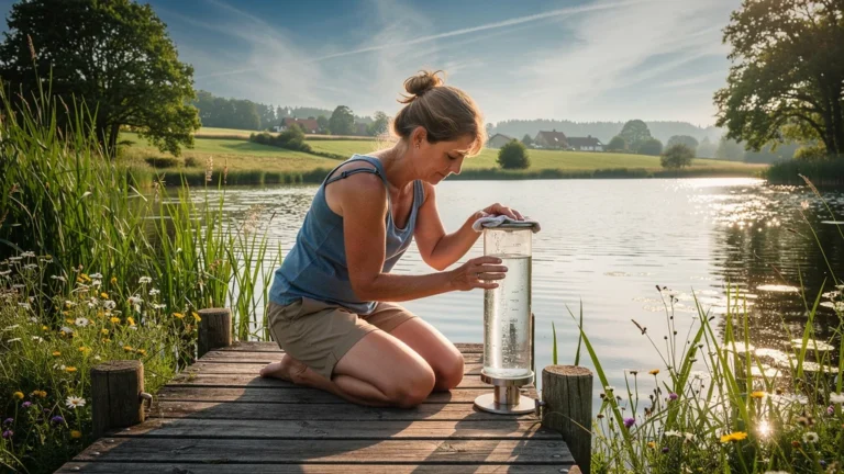 Femme mesurant le niveau d'eau chaque dimanche l'été pour suivre l'évaporation au bord d'un lac