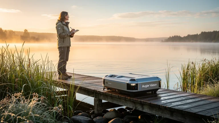 Lac au lever du soleil avec le dispositif Augier Vaison testé, ambiance naturelle et technologique
