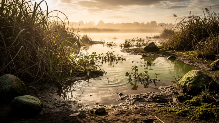 Lagunage sous-dimensionné avec eau trouble après deux saisons, paysage aquatique naturel en lumière dorée