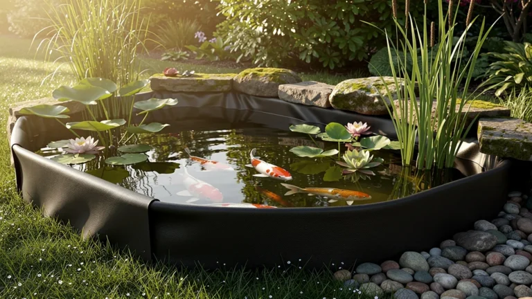 Bâche pour bassin poissons installée dans un étang de jardin avec poissons colorés et plantes aquatiques