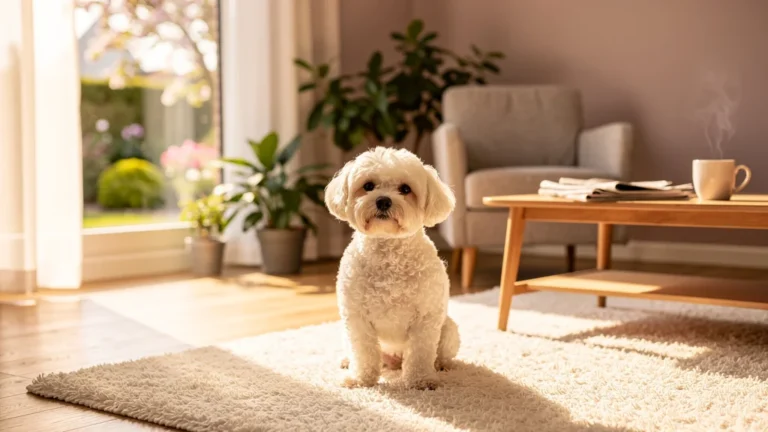 Photo réaliste d’un Bichaton blanc dans un salon lumineux, compagnon parfait pour les amateurs de chiens doux