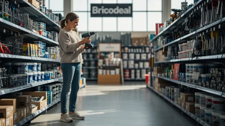 Femme réfléchissant avant achat dans magasin bricolage, évitant pièges fréquents sur Bricodeal