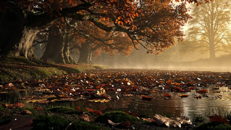 Arbres au bord d’un bassin couvert de feuilles d’automne encrassant l’eau en automne