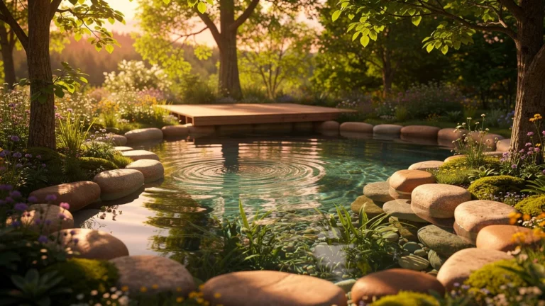 Piscine naturelle construite avec pierres et plantes aquatiques dans un jardin verdoyant en lumière dorée
