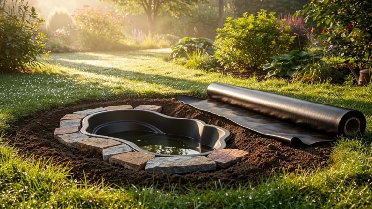 Coque préformée et bâche souple installées pour un premier bassin de jardin naturel et serein