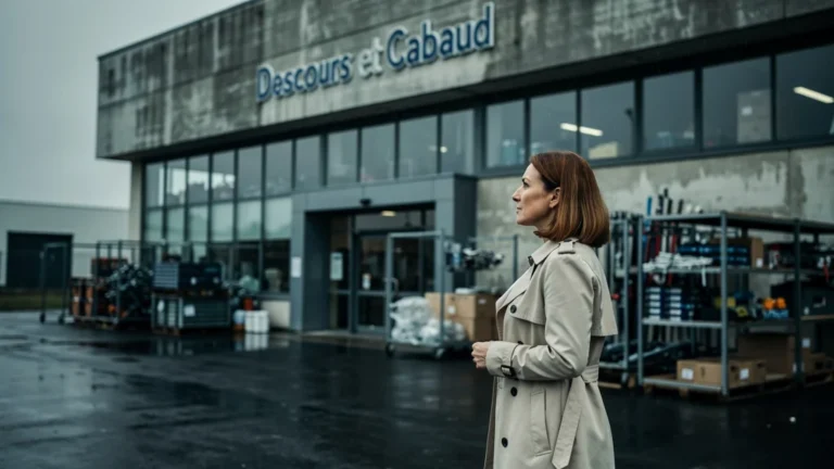 Façade réaliste du magasin Descours et Cabaud avec femme réfléchie avant achat, ambiance prudence et texture détaillée