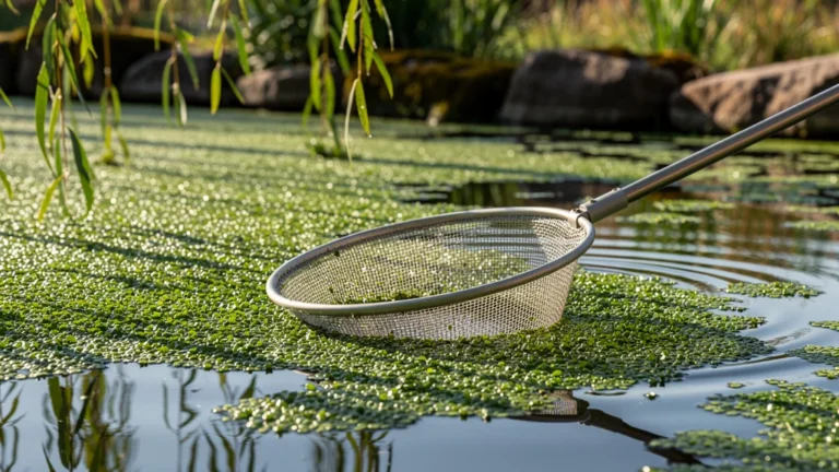Épuisette fine en action pour retirer les lentilles d'eau d'un étang naturel paisible
