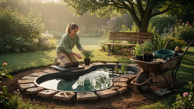Création d’une mare dans un jardin paisible avec détails naturels et ambiance matinale
