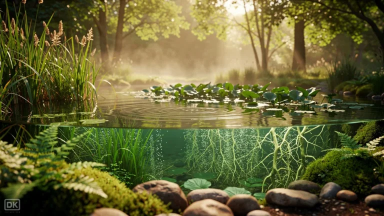 Filtration naturelle d'un bassin par des plantes aquatiques luxuriantes dans un paysage paisible
