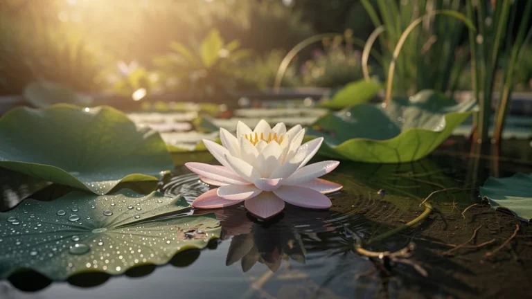 Fleur nenuphar blanche en pleine floraison sur un bassin clair après 30 jours de test