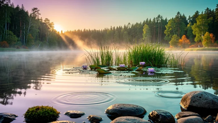 Paysage aquatique au lever du jour illustrant l'expérience avec hue socoda, ambiance calme et couleurs pastel