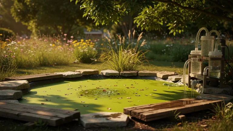 Pond turned green with algae despite homemade filtration system en été, bassin envahi par les algues vertes