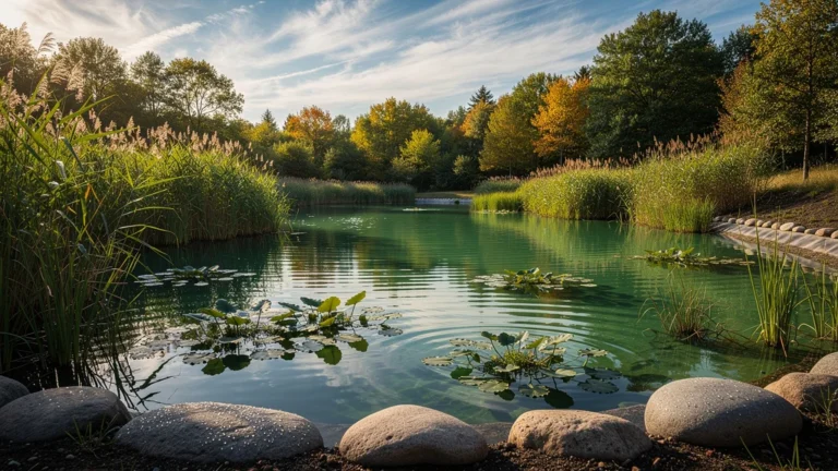 Lagune naturelle avec bassin de lagunage, plantes aquatiques et lumière dorée, reflet d'eau claire en plein air