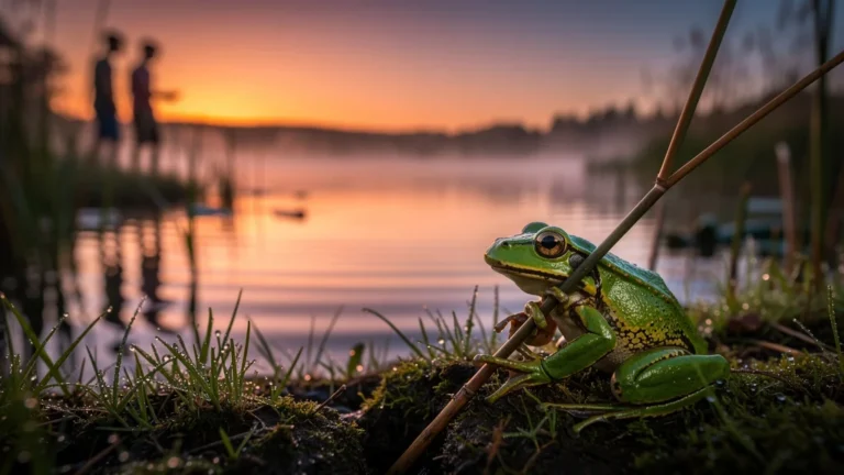 Rainette verte près du lagunage au coucher du soleil observée par des adolescents le soir
