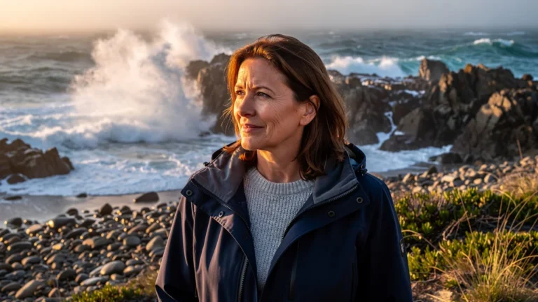 Portrait hyperréaliste d'une femme de 44 ans au bord de la mer, symbolisant Neobab et la découverte aquatique
