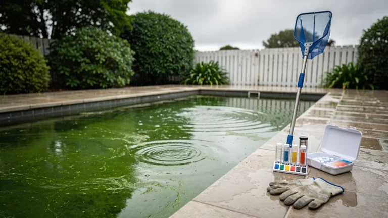 Piscine à eau verte avec outils d'entretien pour savoir que faire avant d’agir, conseils anti-erreurs