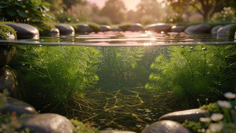 Plantes aquatiques oxygenantes pour bassin avec eau claire et végétation luxuriante en lumière naturelle
