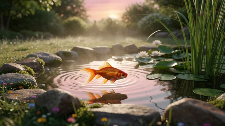 Poisson rouge nageant dans un bassin extérieur naturel au lever du soleil avec plantes aquatiques