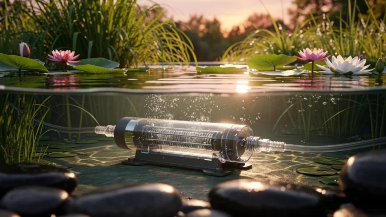 Pompe de bassin performante immergée dans un étang naturel clair après 30 jours de test continu