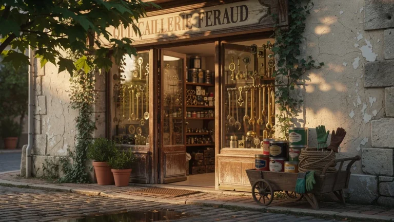 Façade réaliste de la quincaillerie feraud traditionnelle sous lumière dorée, ambiance rustique et authentique