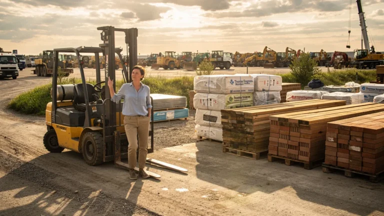 Vue réaliste du chantier Thomas Sograma Materiaux avec narratrice féminine en ambiance lumineuse naturelle