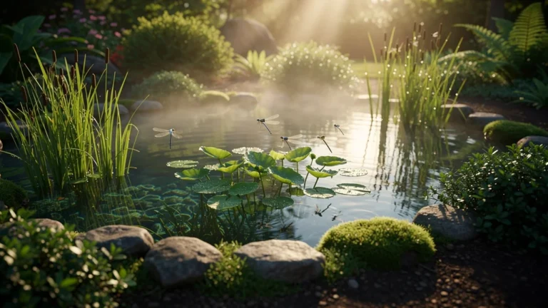 Bassin naturel sans pompe maintenu uniquement par des plantes aquatiques luxuriantes et eau claire